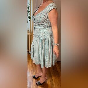 Anthropologie Blue and White A-Line Dress with Pleated Smocked Details size 10